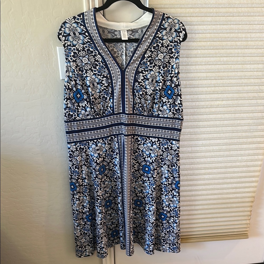 London Times Sleeveless Jersey Blue Floral Print Dress 14W